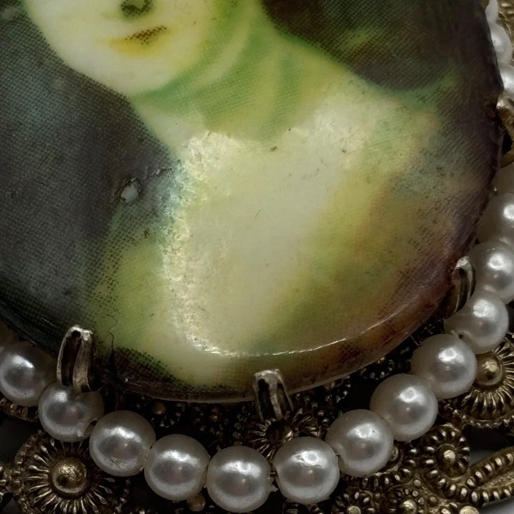 Vintage Painted Filigree Pendant West Germany Gold Tone Beaded 2.25